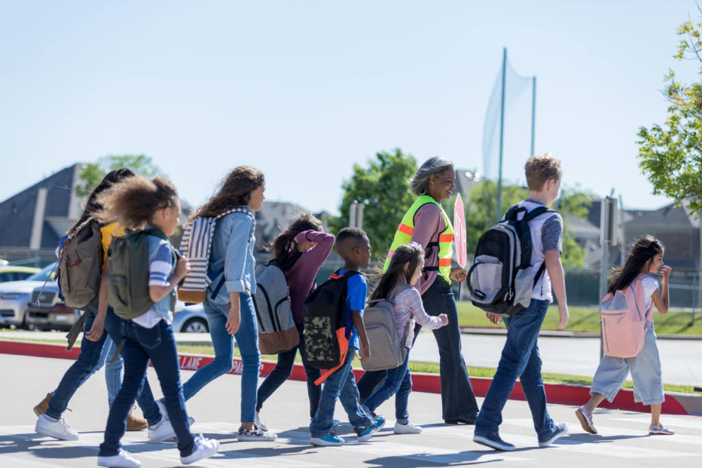 children crossing the pedestrian crossing. teaching children